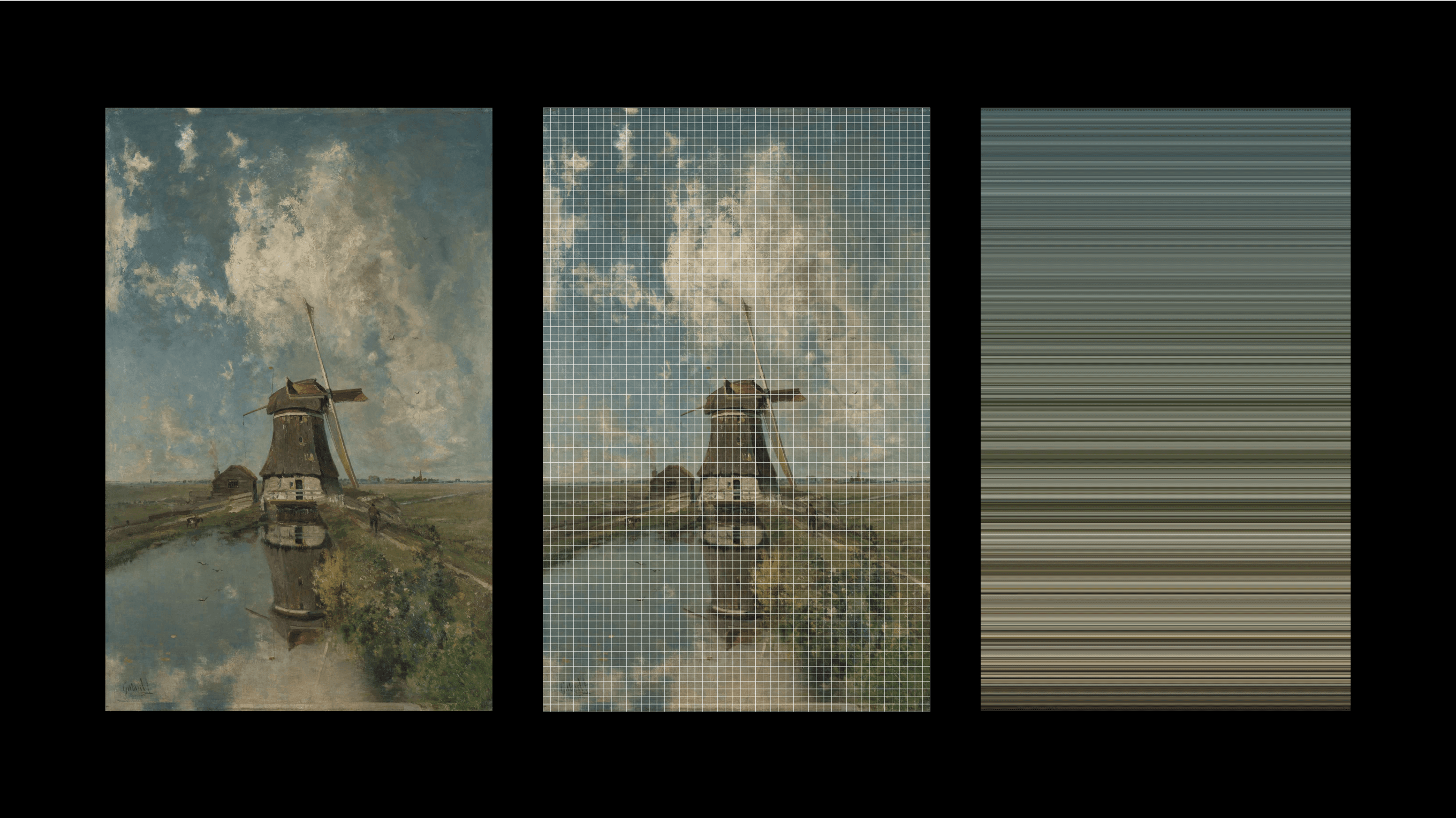 To create a representative color sample of In the Month of July (1889) by Paul Gabriël, we pulled a set of pixels from evenly spaced intervals. Next, we sorted the array of pixels by hue.