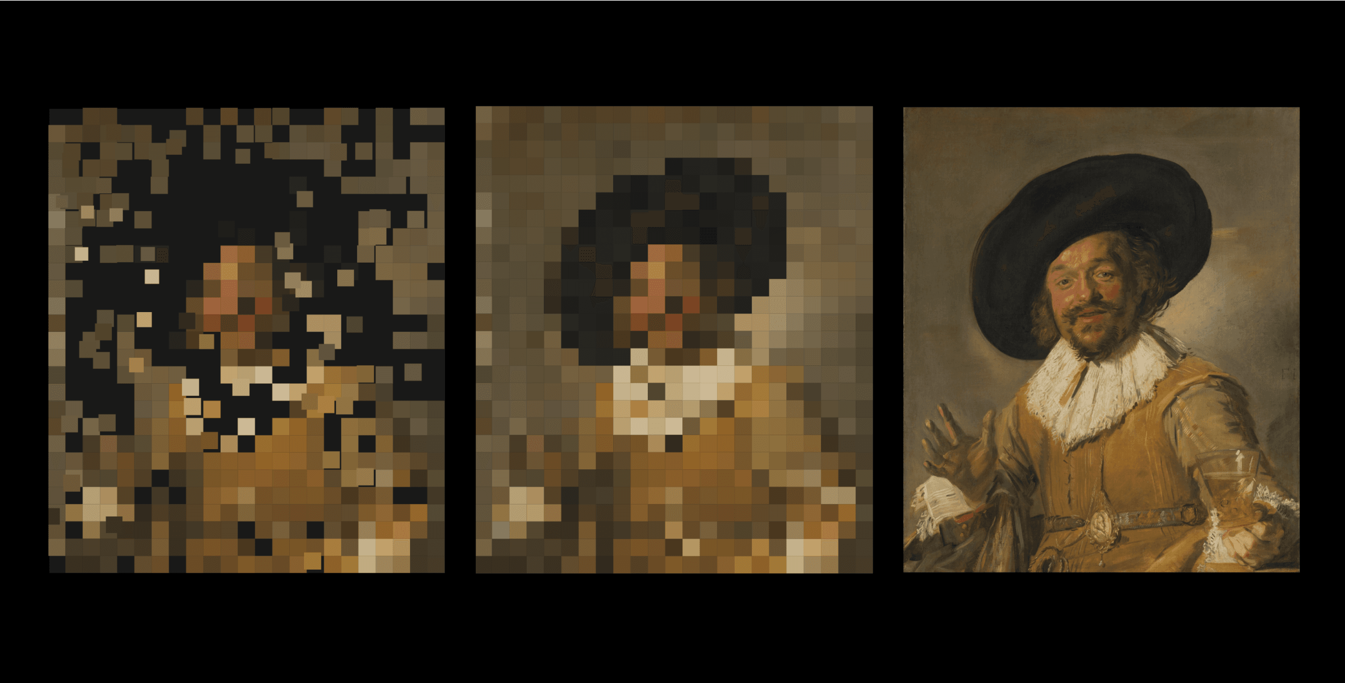 Snapshots from our final exhibit, specifically the gradual reveal of The Merry Drinker (1628) by Frans Hals