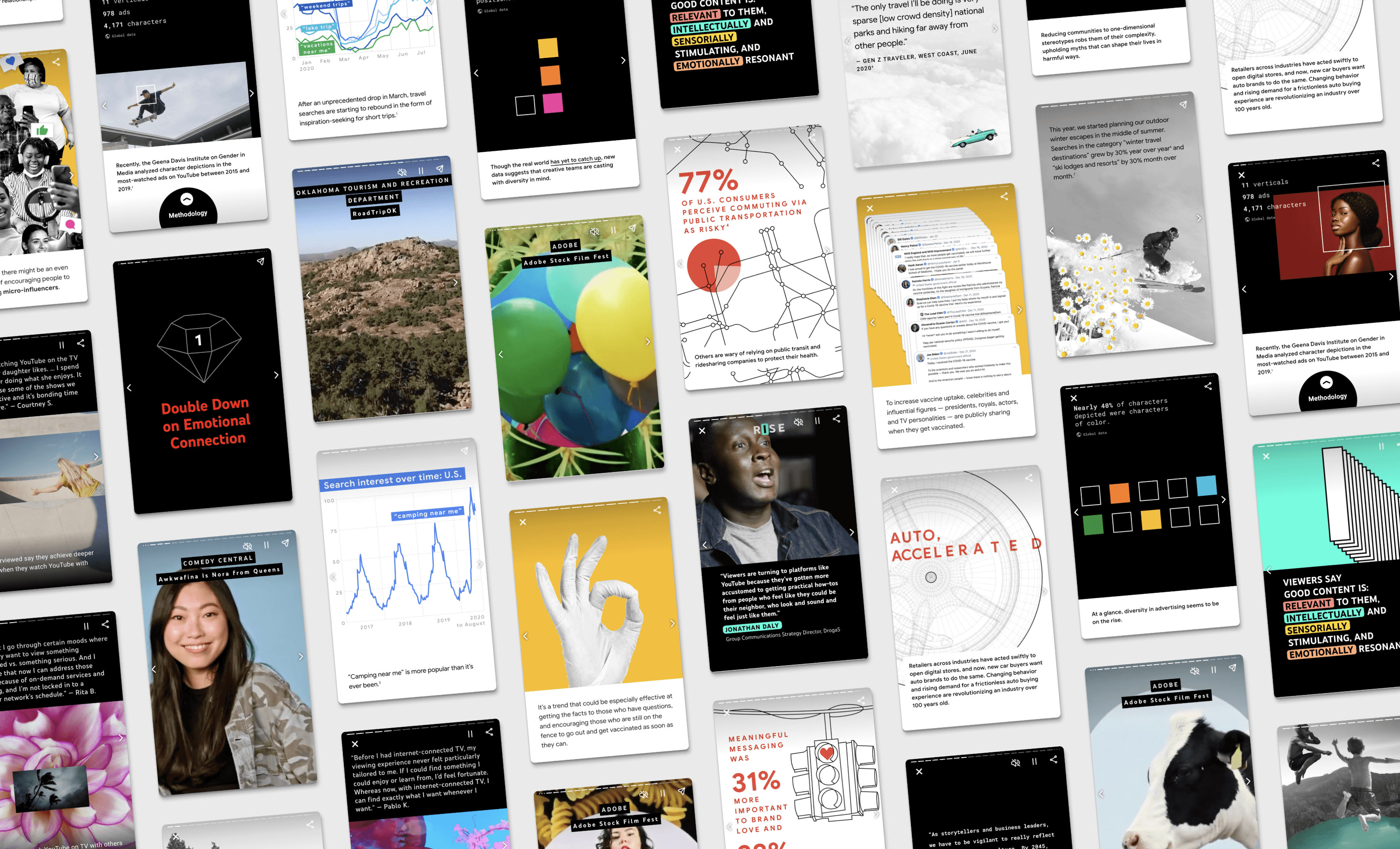 A collection of colorful, varied pages from different Visual Stories laid out in a patchwork formation