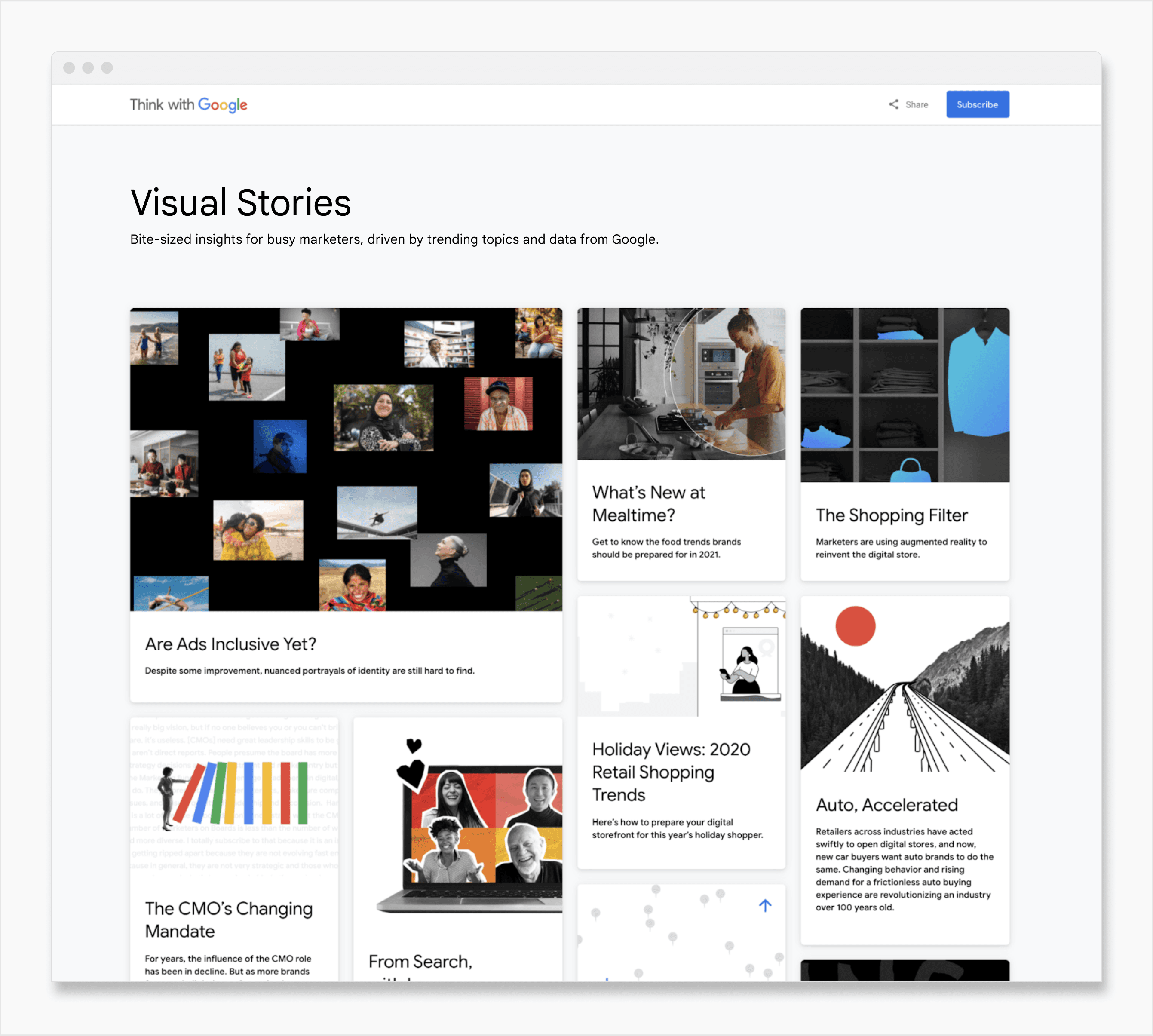 Visual Stories were originally available through a custom Think with Google product page, which we designed as a masonry-style board.